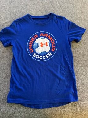 Boys Under Armour Blue Soccer Graphic Tee with Orange Logo Size Youth M